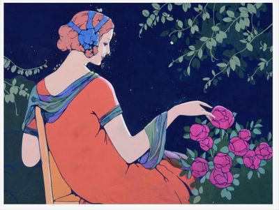 a painting of a woman sitting in a chair with flowers