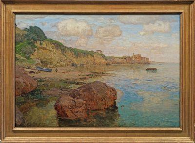 une image représentant une peinture d'une plage rocheuse avec un bateau dans l'eau