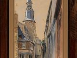 painting of a church steeple on a city street in a wooden frame