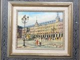 une peinture à l'huile représentant une scène de rue avec des passants