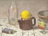 a painting of a teapot with a lemon in it