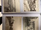 several old black and white photos of a city with buildings