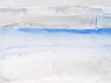 abstract watercolor painting of a blue and white boat in a body of water