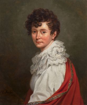 un tableau représentant un jeune garçon vêtu d'une cape rouge et d'une chemise blanche