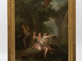 a painting of a woman and child in a wooded setting