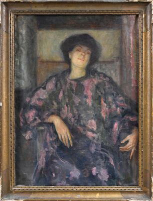 painting of a woman sitting in a chair wearing a black hat