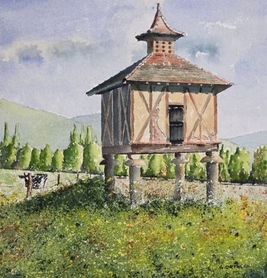 a painting of a small building in the middle of a field
