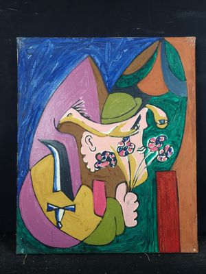 un tableau représentant un homme tenant un couteau et une fleur