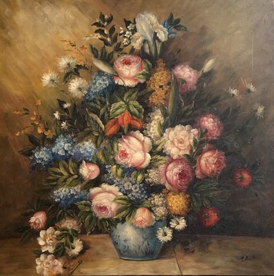 peinture représentant un vase de fleurs posé sur une table, devant un fond marron