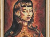 a painting of a woman with long hair in a gold dress