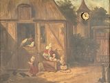 un tableau représentant une famille devant une grange, avec une horloge en arrière-plan