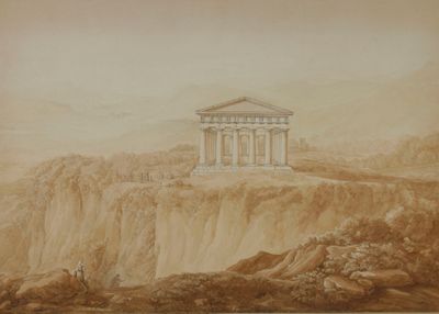 tableau représentant un bâtiment situé sur une falaise, avec un plan d'eau au premier plan