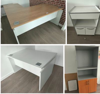 four different pictures of a desk with drawers and a bookcase