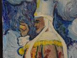 a painting of a man in a white hat and a woman in a yellow dress