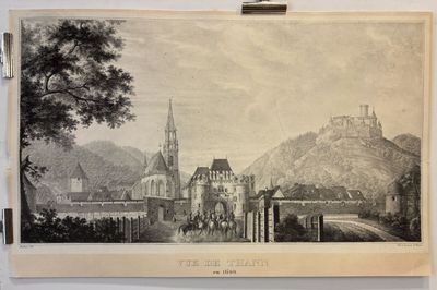 an old drawing of a castle on a hill with a clock tower