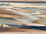 une peinture de bateaux sur la plage au bord de l'eau
