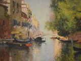 a painting of a canal with boats on the water