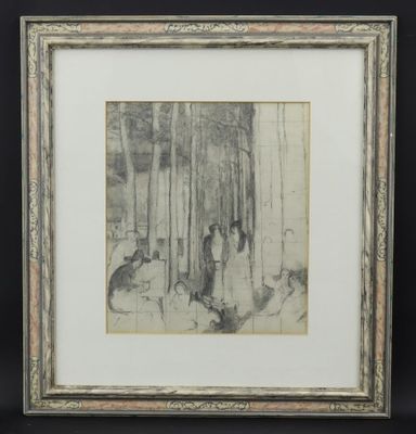 un dessin en noir et blanc représentant un groupe de personnes dans une forêt