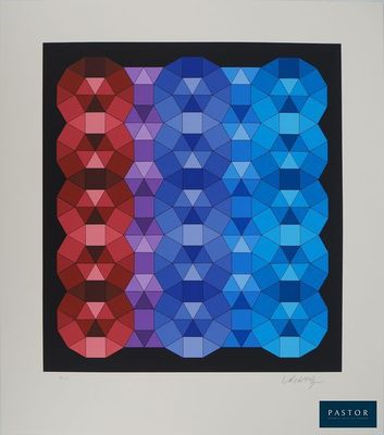 une peinture représentant un motif géométrique bleu et rouge sur fond noir