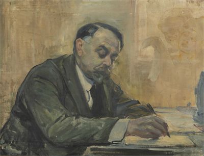 tableau représentant un homme assis à une table, en train d'écrire dans un livre