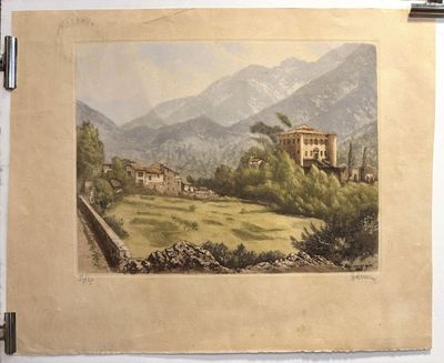 a picture of a painting of a house in the mountains