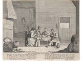 un vieux dessin représentant un groupe de personnes assises autour d'une table