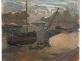 a painting of a crane that is on the water