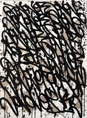 une peinture en noir et blanc représentant un graffiti sur fond blanc