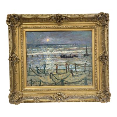 une image d'une peinture représentant une scène de plage avec un bateau dans l'eau
