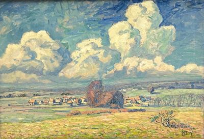 a painting of a field with cows in the distance