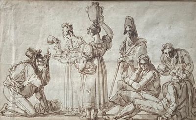 un vieux dessin représentant un groupe de personnes assises autour d'une table