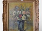 a painting of flowers in a vase on a table