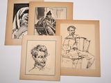 four framed drawings of a man and a woman sitting in a chair