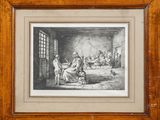 an old picture of a family in a room with a dog and a cat