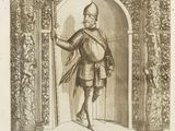 an old drawing of a man dressed in armor and holding a staff