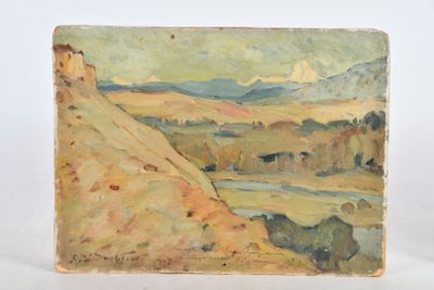 l'image d'un tableau représentant un paysage avec une rivière au premier plan
