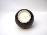 a brown and white vase sitting on a white surface