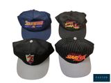 three different hats with different logos on them on a white background