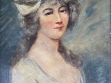 tableau représentant une femme en robe blanche coiffée d'un chapeau orné de plumes