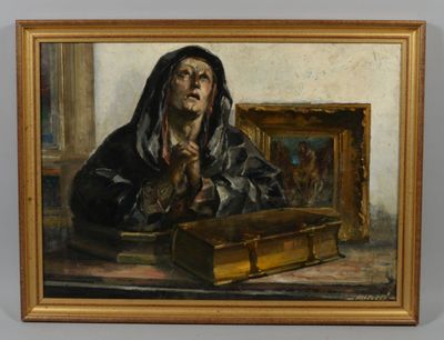 une peinture à l'huile représentant une femme assise à une table avec un livre