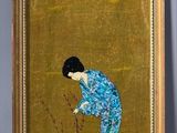 painting of a woman in a blue dress bending down to plant a tree
