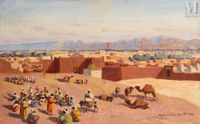 une peinture à l'huile représentant des personnes et des chameaux dans un décor désertique