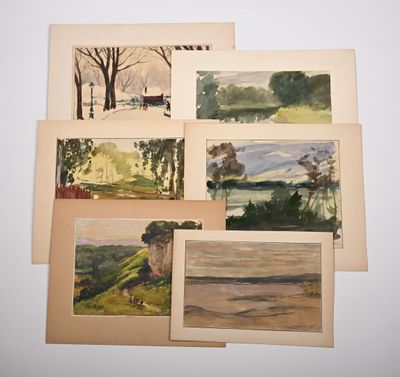 four watercolor paintings of trees and a bench on a white surface