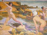 a painting of three nudes playing in the water