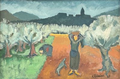 a painting of a man and a woman in a field