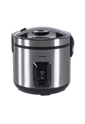 a close up of a stainless steel rice cooker on a white background