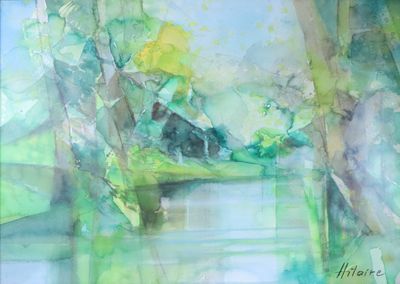 a painting of a cat sitting on a bench in the woods