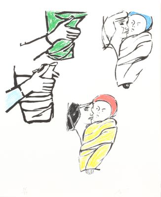 dessin représentant un homme tenant un cerf-volant et une femme tenant un bébé