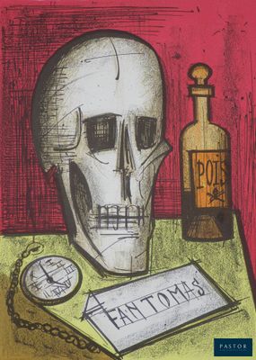 an image of a skull sitting on top of a table next to a bottle