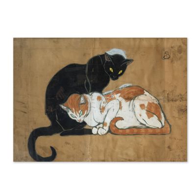 painting of two cats laying on top of each other on a brown background
